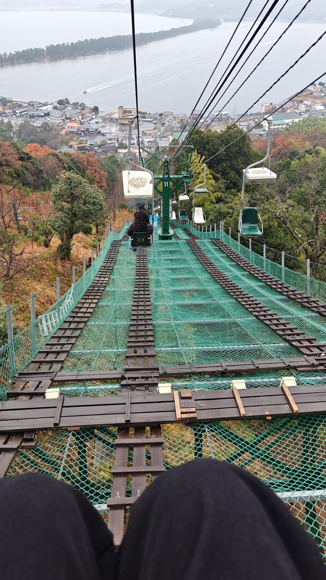 Scenic chairlift view over lake and town