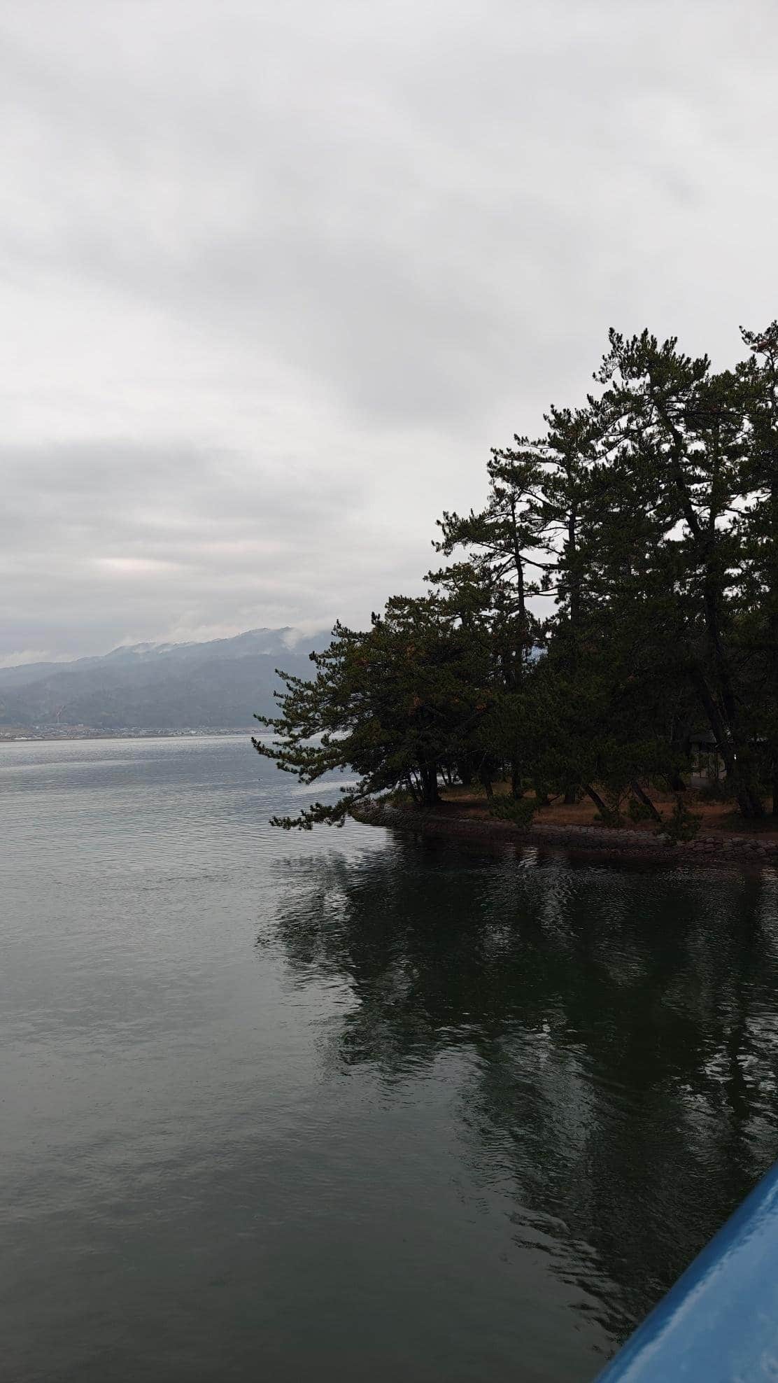 Serene lakeside view with trees and mountains under cloudy sky