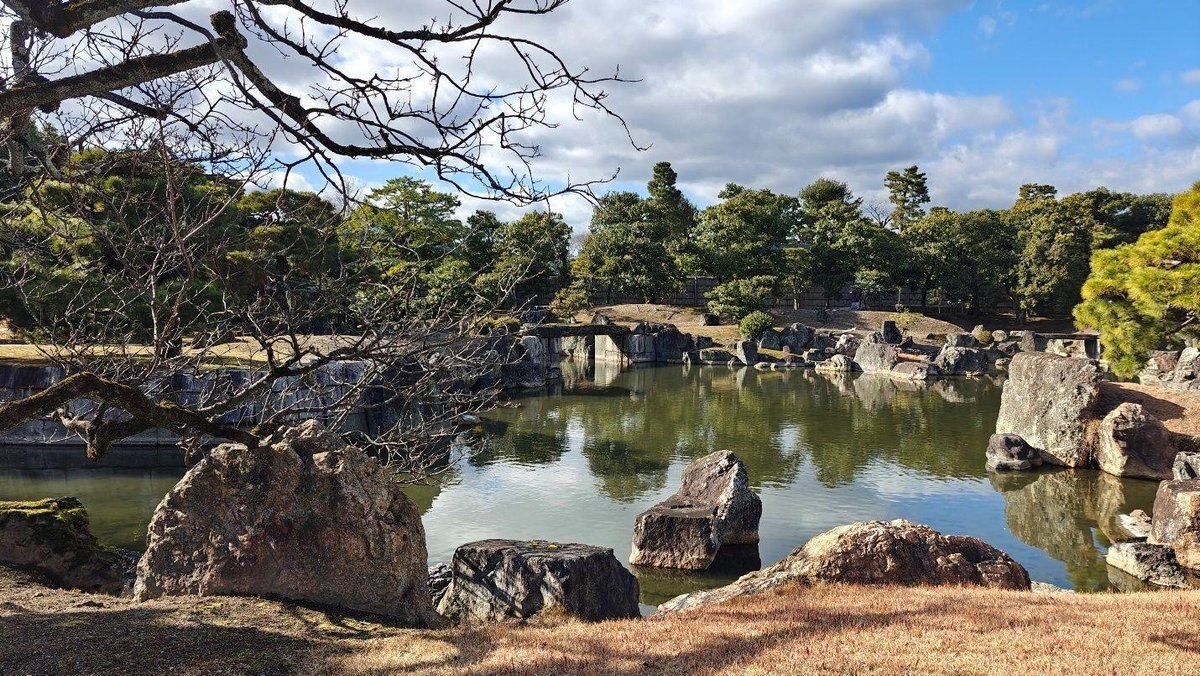 Serene rocky pond with trees and sky