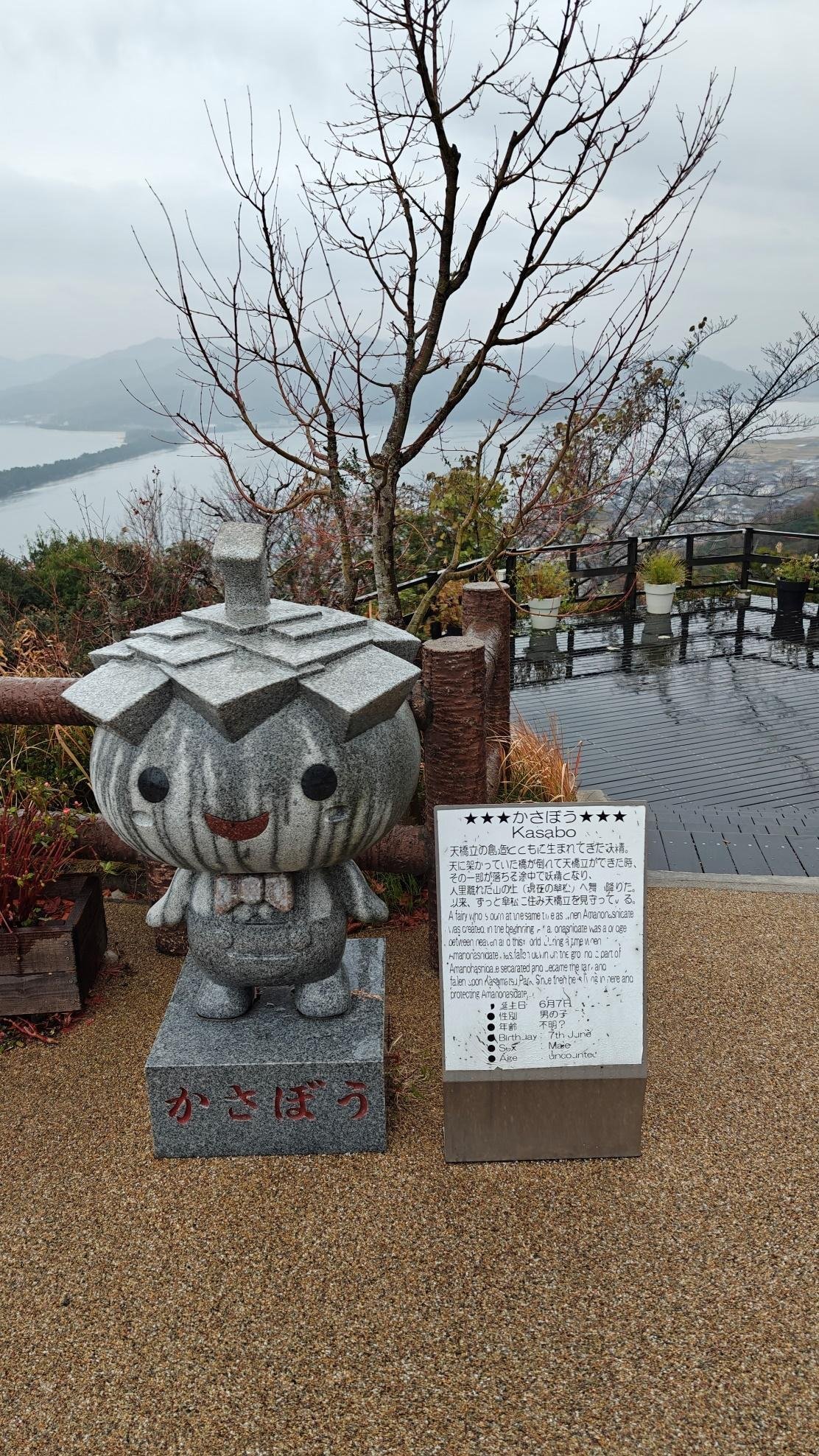 Statue of character by a scenic overlook with cloudy sky
