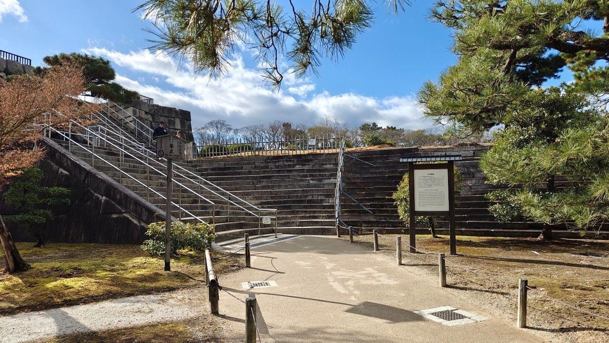 Stone steps and greenery under blue sky