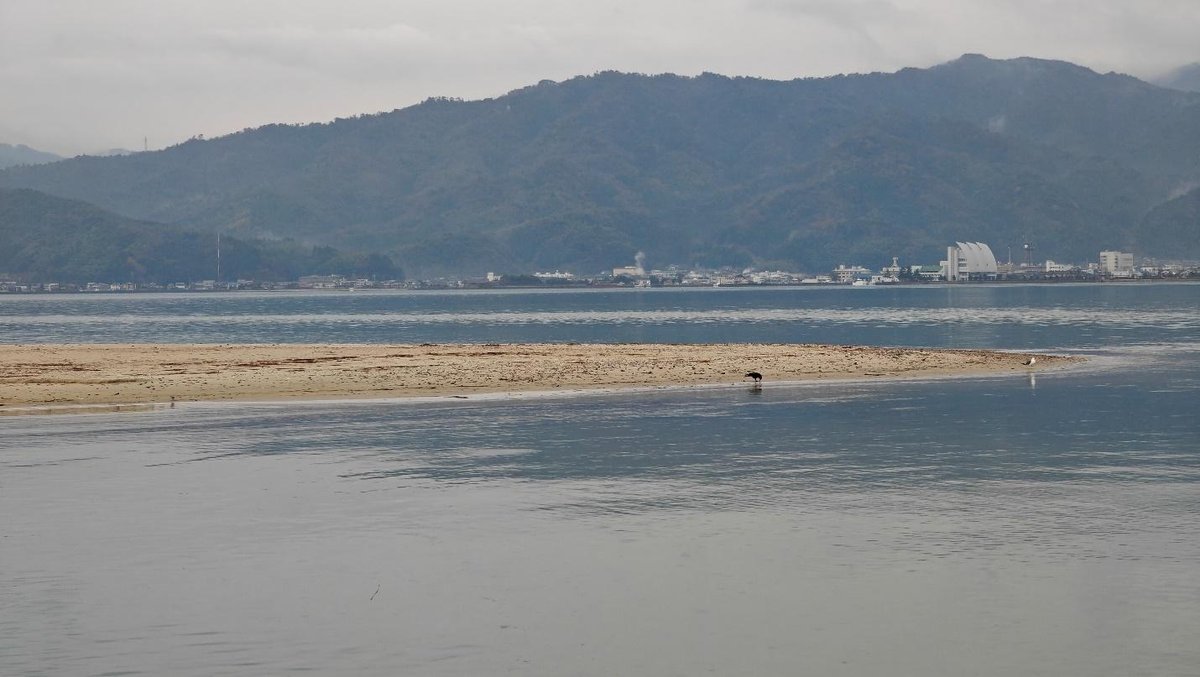 Tranquil bay with distant mountains and shoreline