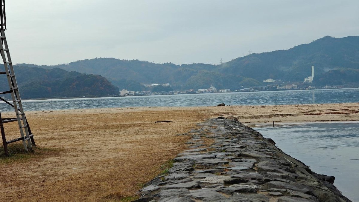 Tranquil beach with mountains and cloudy sky