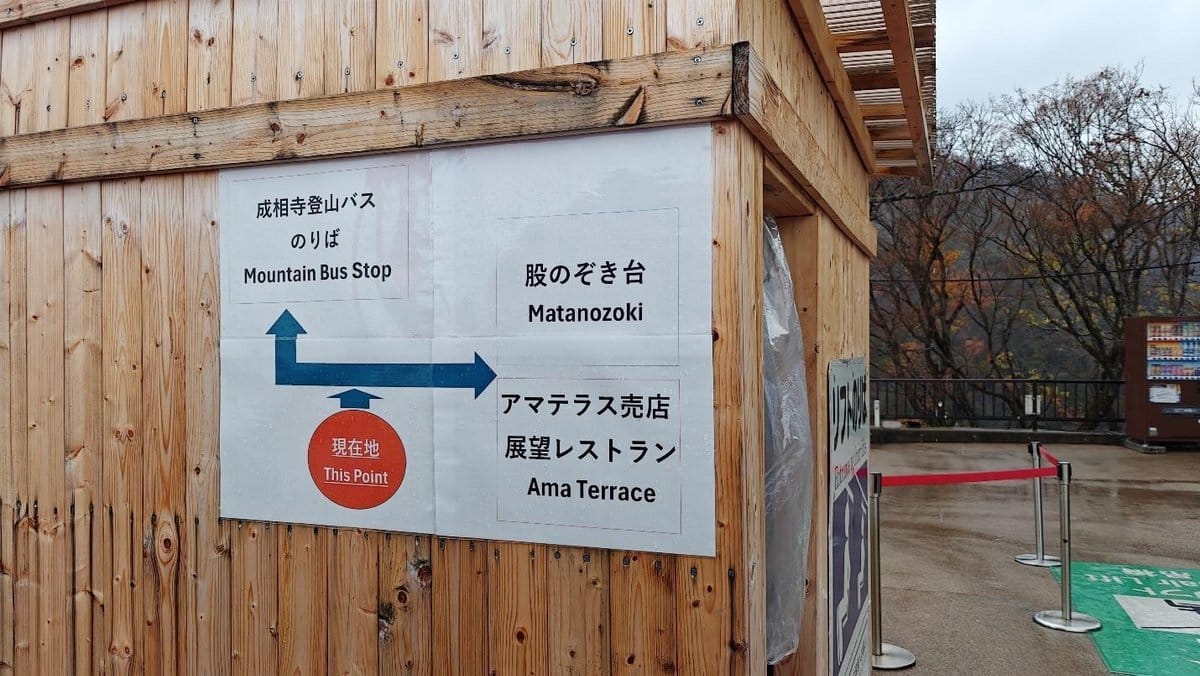Wooden kiosk with directional sign and mountain view