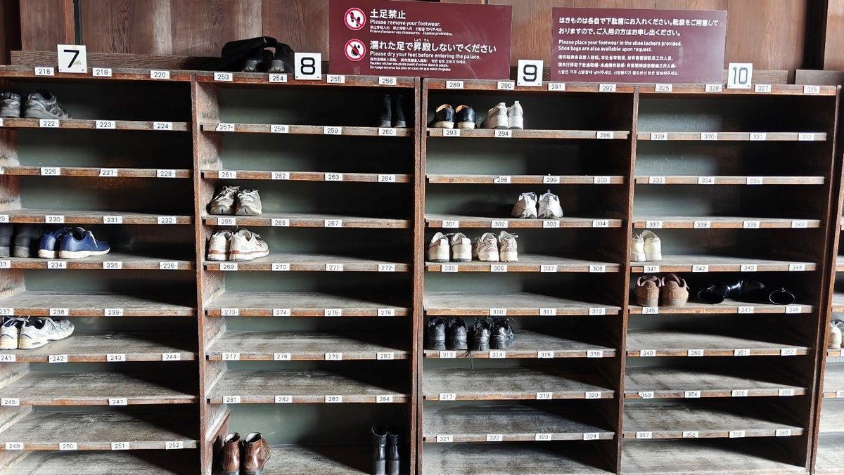 Wooden shoe racks with various footwear