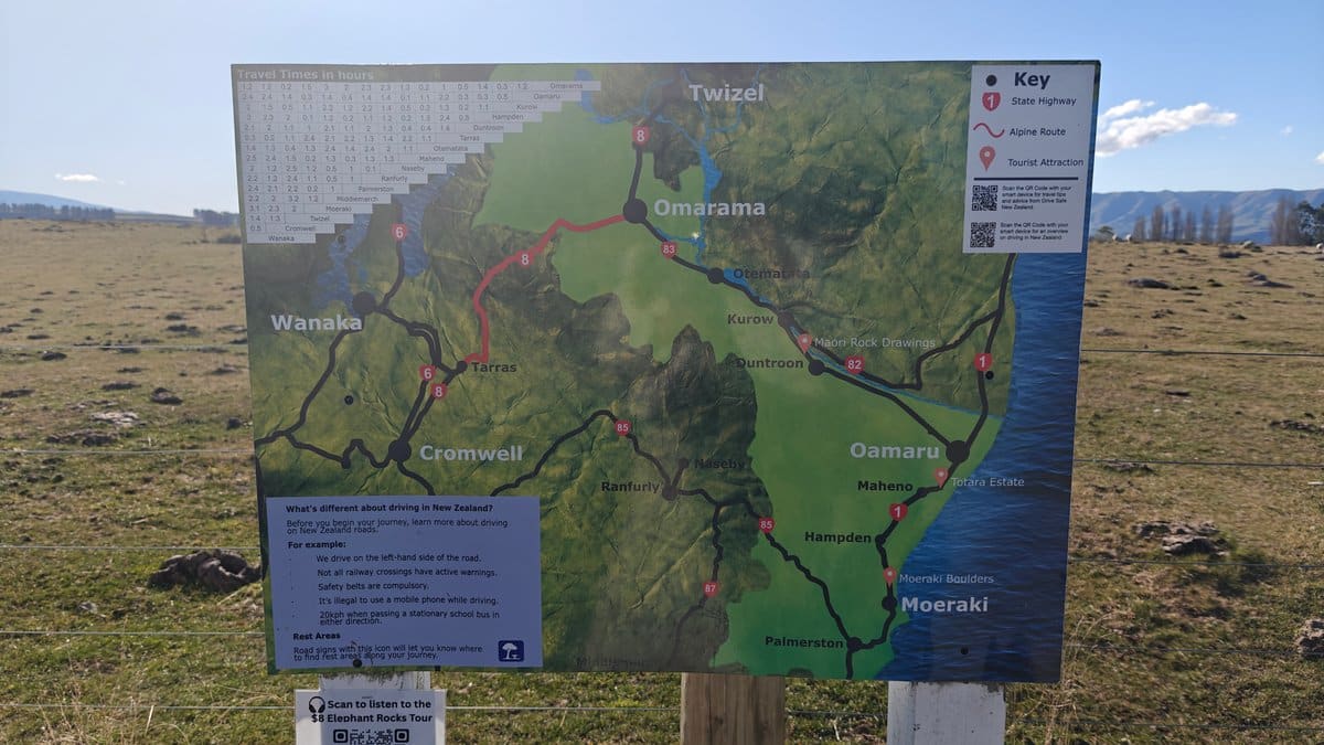 A regional map interpretive panel (Wanaka, Cromwell, Omarama,