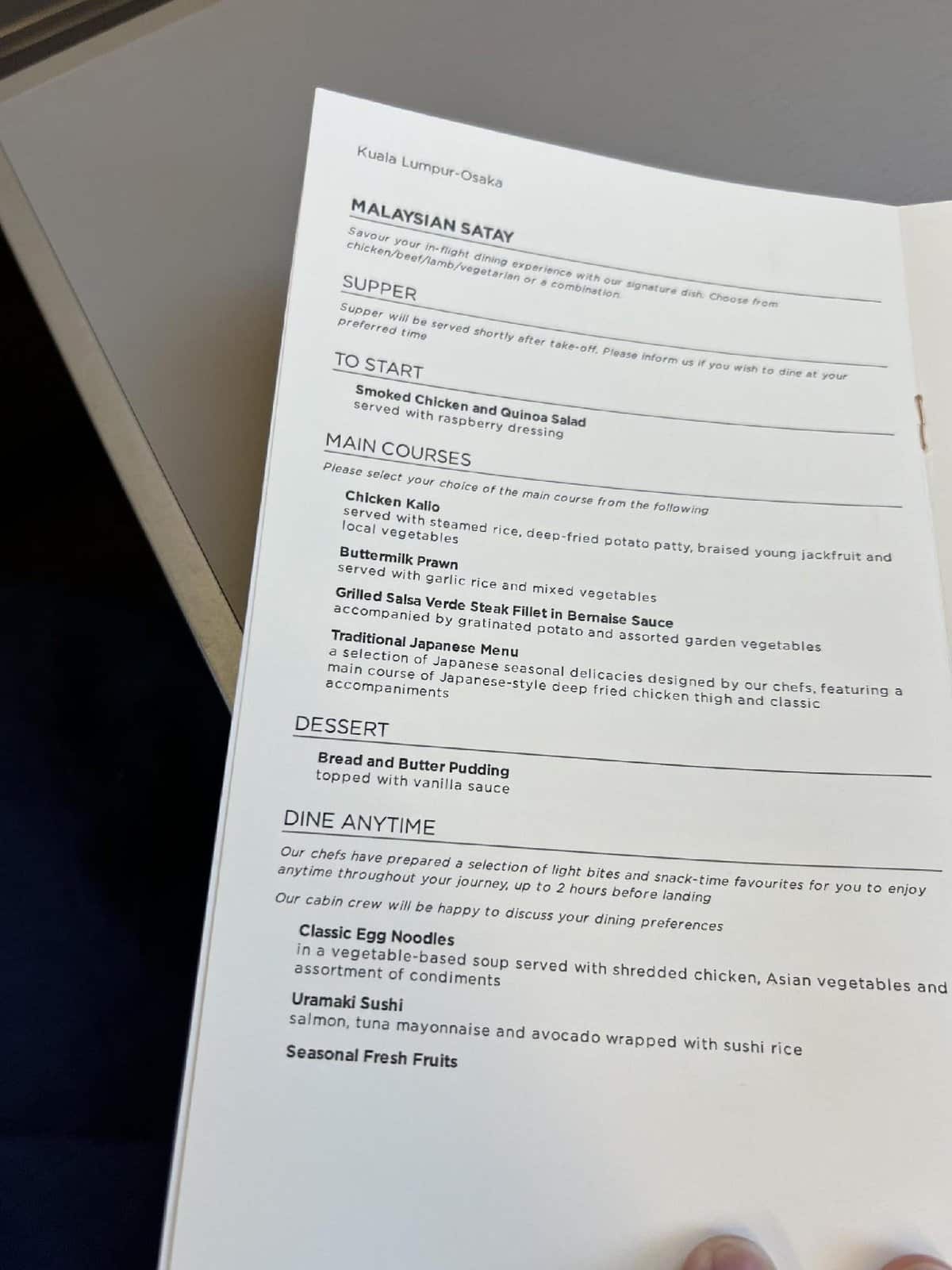 Airplane menu with meal options