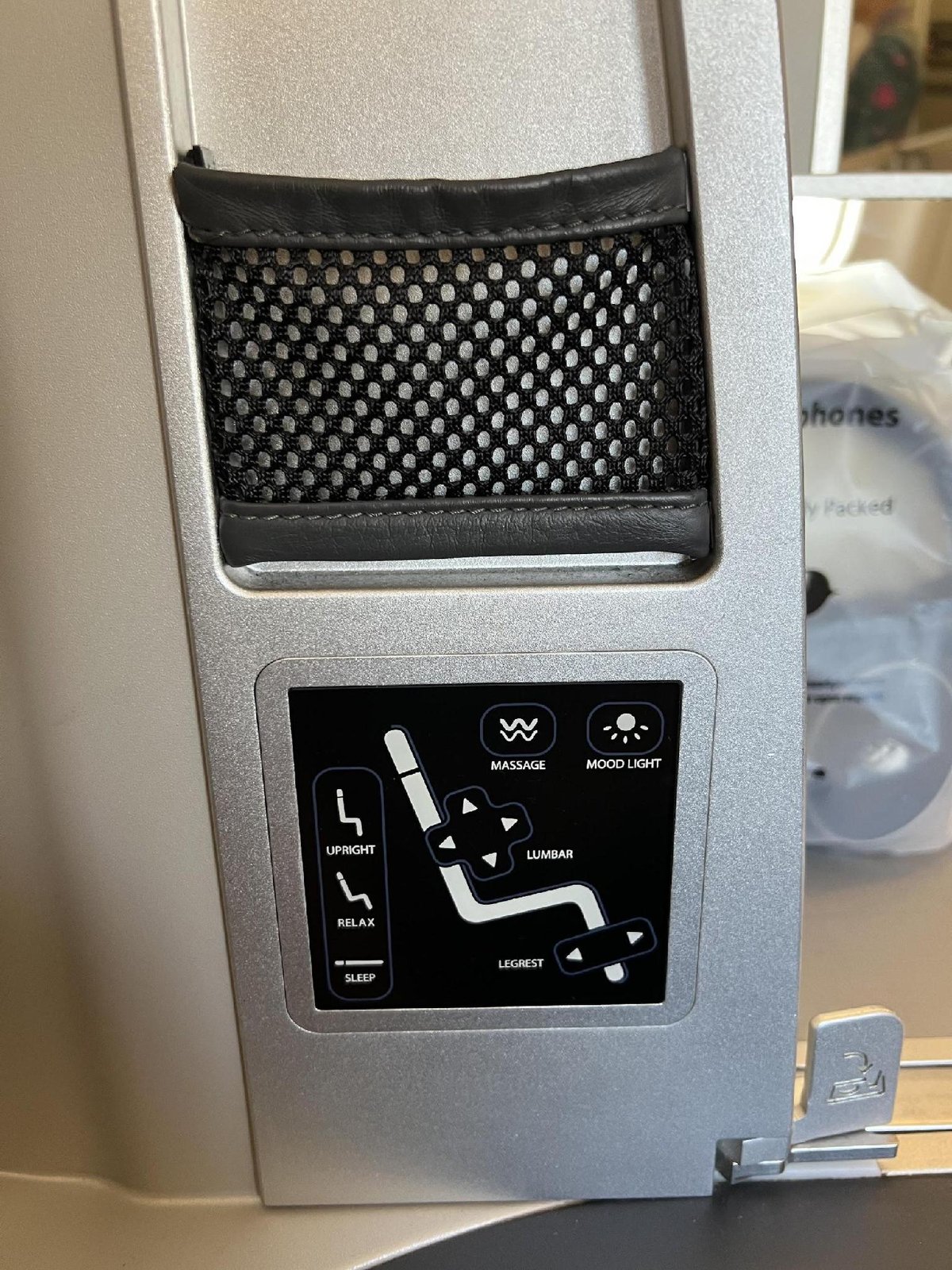 Airplane seat control panel with options