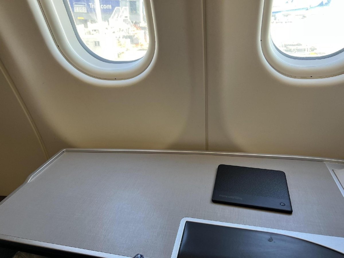 Airplane window view with tray table