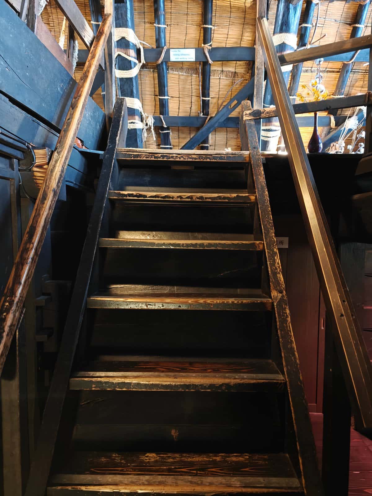 Another steep wooden staircase climbing toward the silkworm