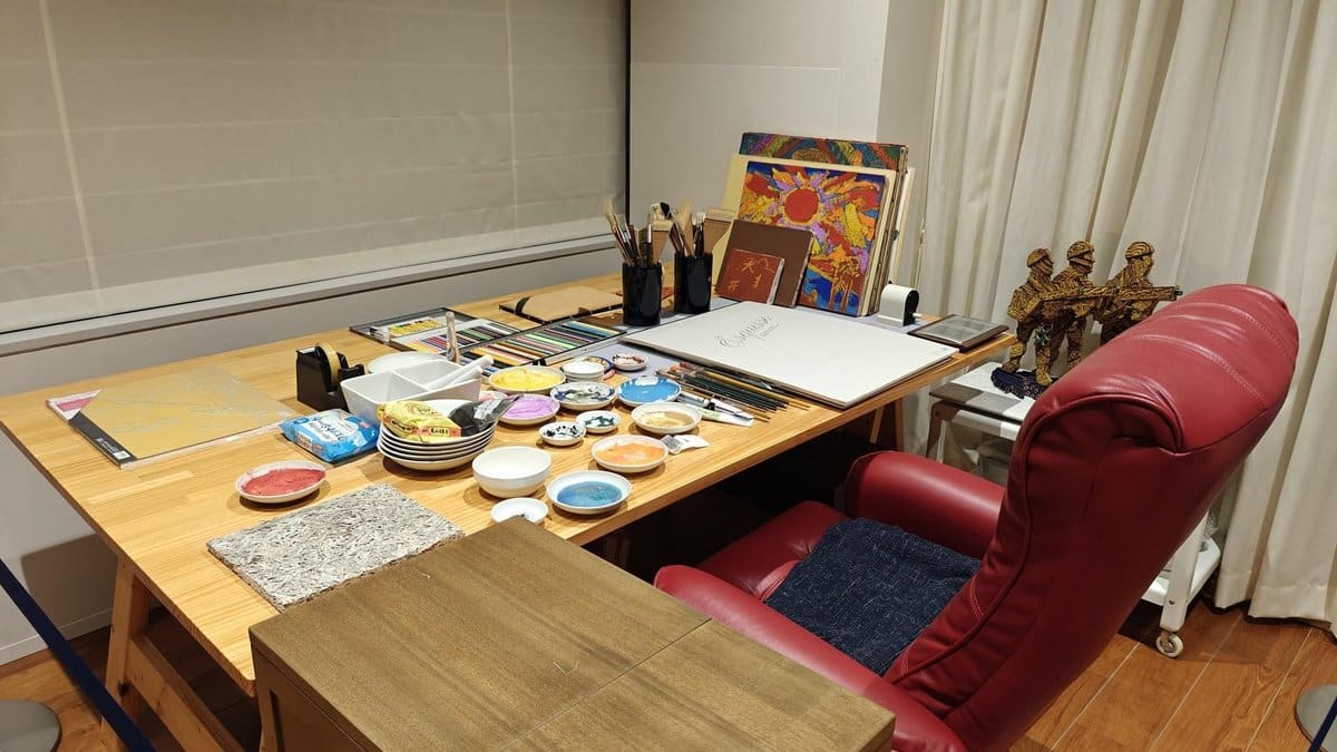 Art studio with paints and brushes