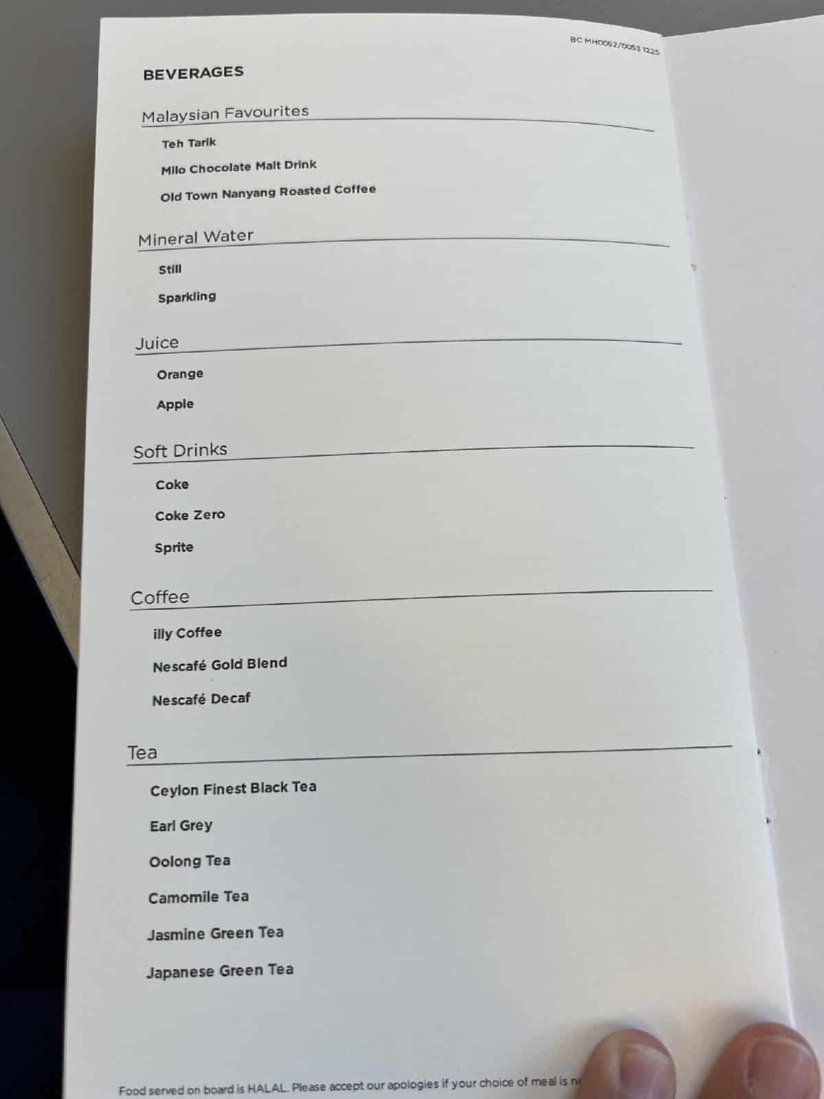 Beverage menu with tea and coffee selection