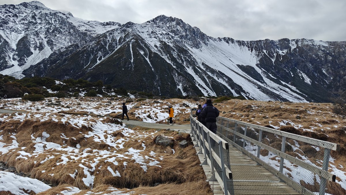 Boardwalk over snowy tussock