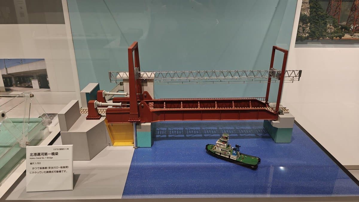 Bridge model display with miniature boat