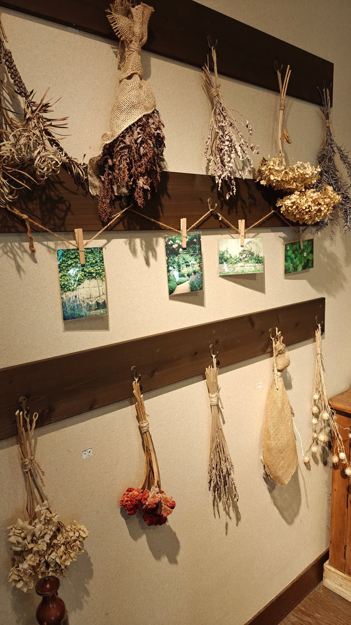 Bundles of dried herbs and pressed-plant frames hung