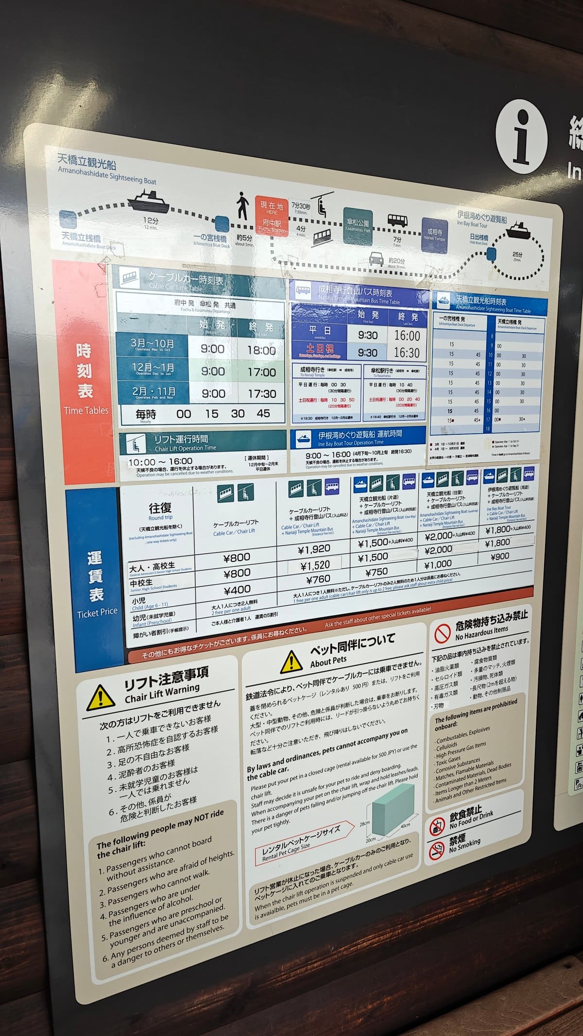 Cable car / chairlift fare and operating-hours notice