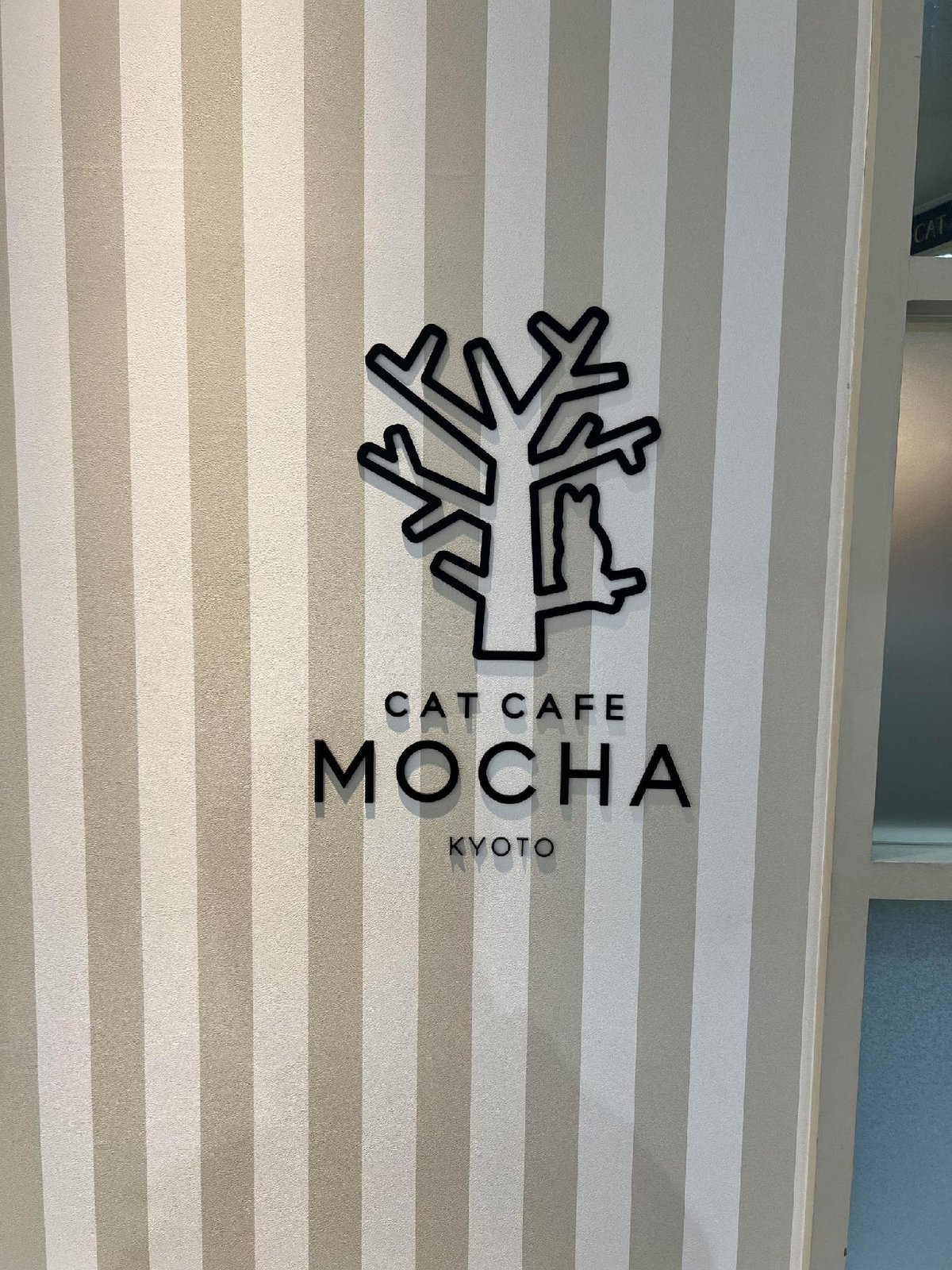 Cat Cafe Mocha logo on striped wall
