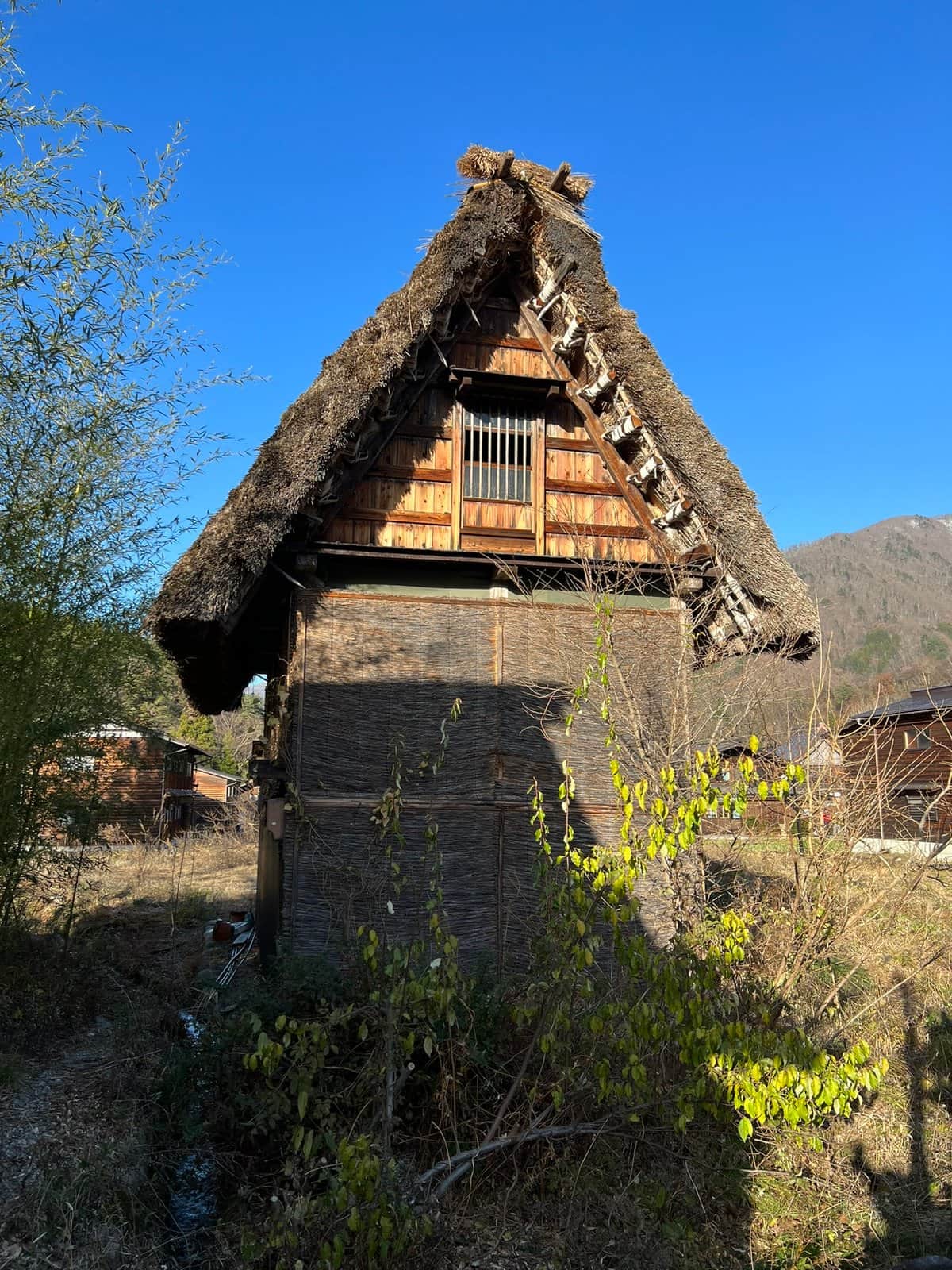 Close-up of a gassho-zukuri farmhouse's steeply pitched thatched