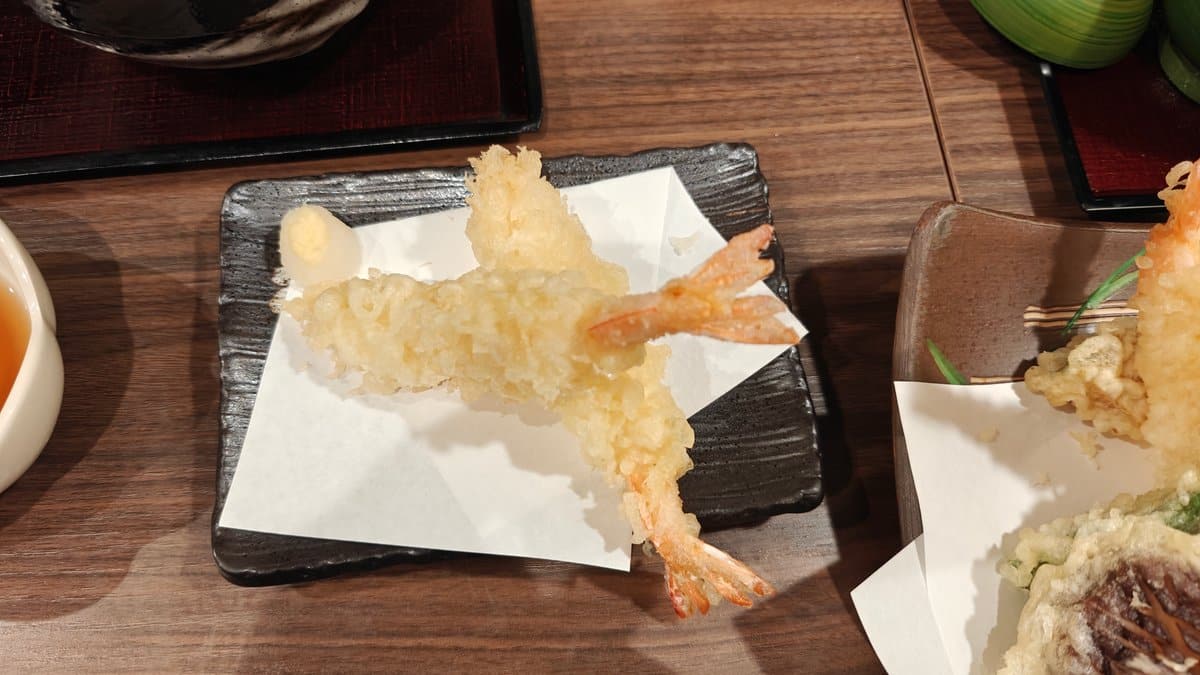 Close-up of the shrimp tempura on paper