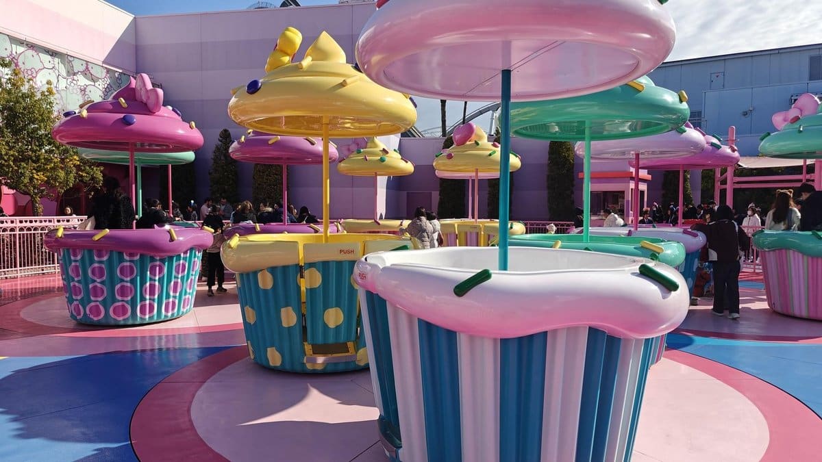 Colorful cupcake-themed amusement ride