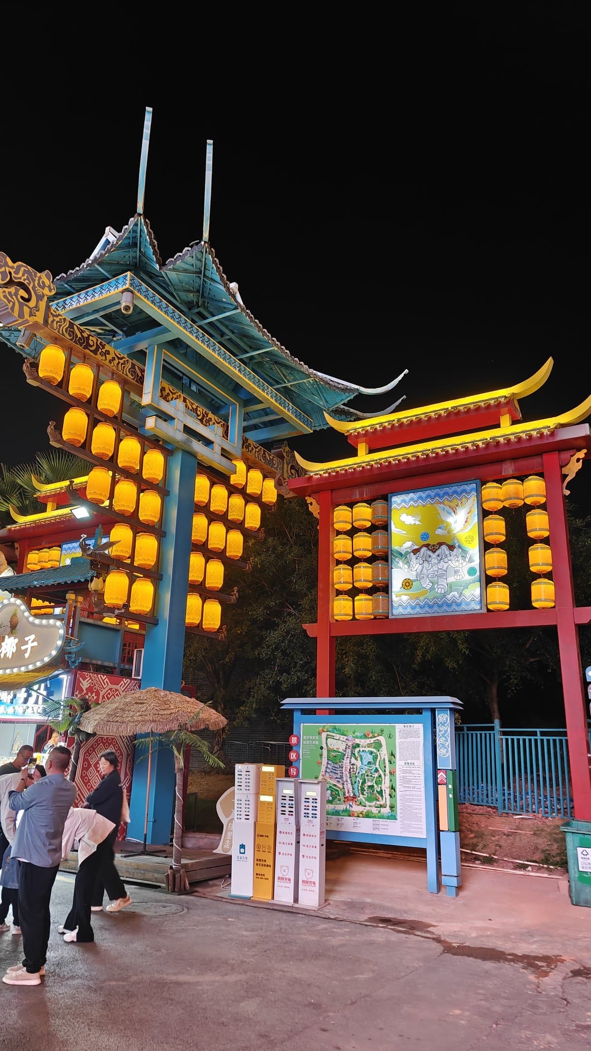 Colorful entrance area with Chinese pagoda-style gate, yellow