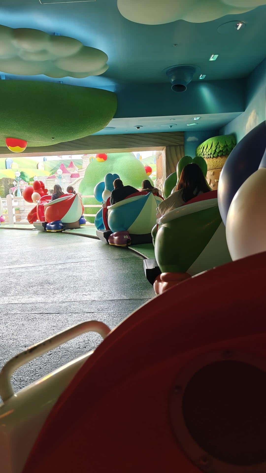Colorful indoor amusement ride scene