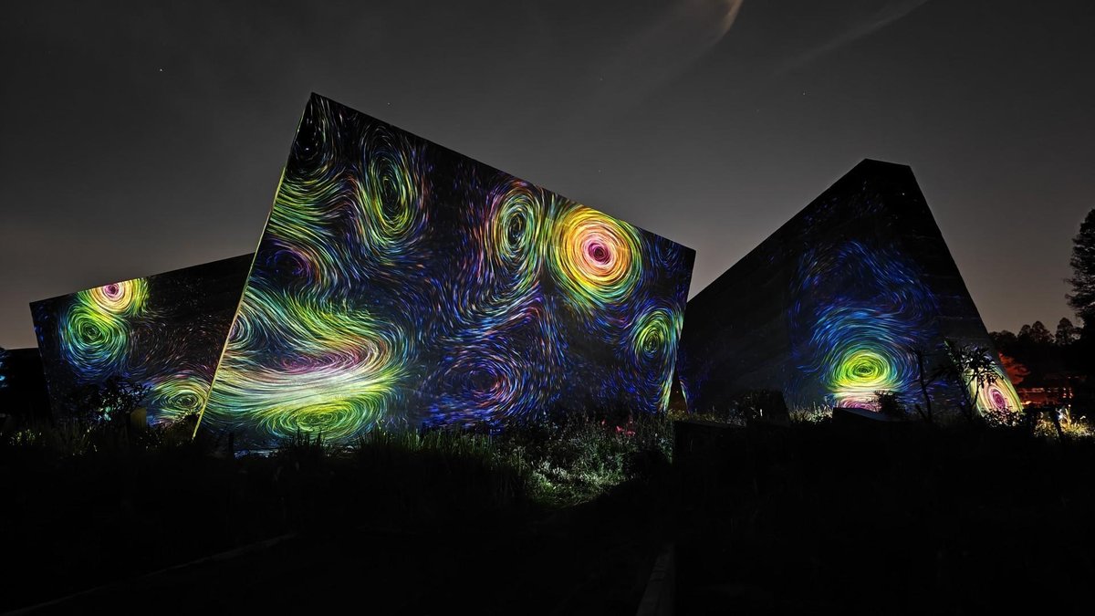 Colorful light projections on buildings
