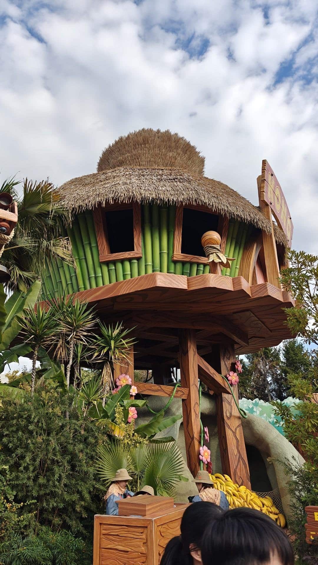 Colorful treehouse with palm trees