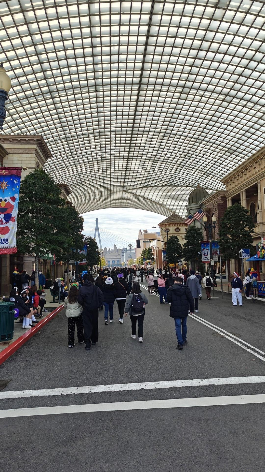 Covered street with walking tourists