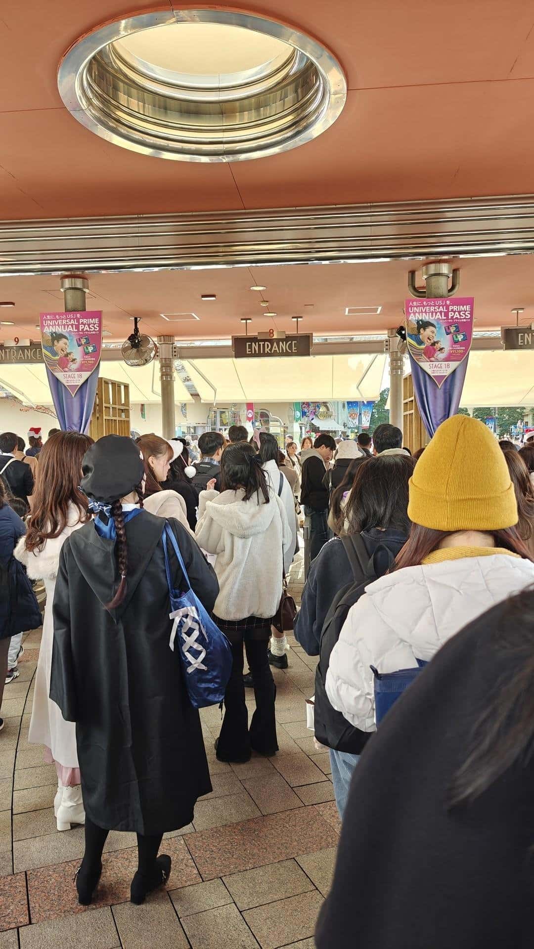 Crowd waiting at theme park entrance