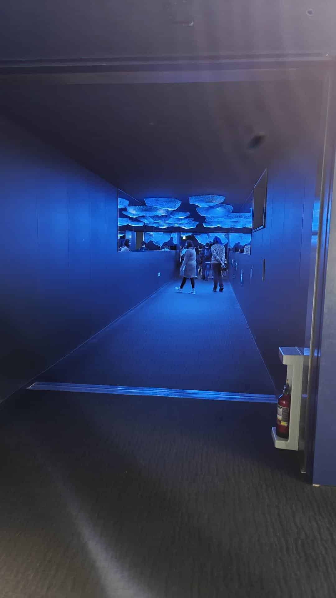 Dimly lit hallway with blue lights