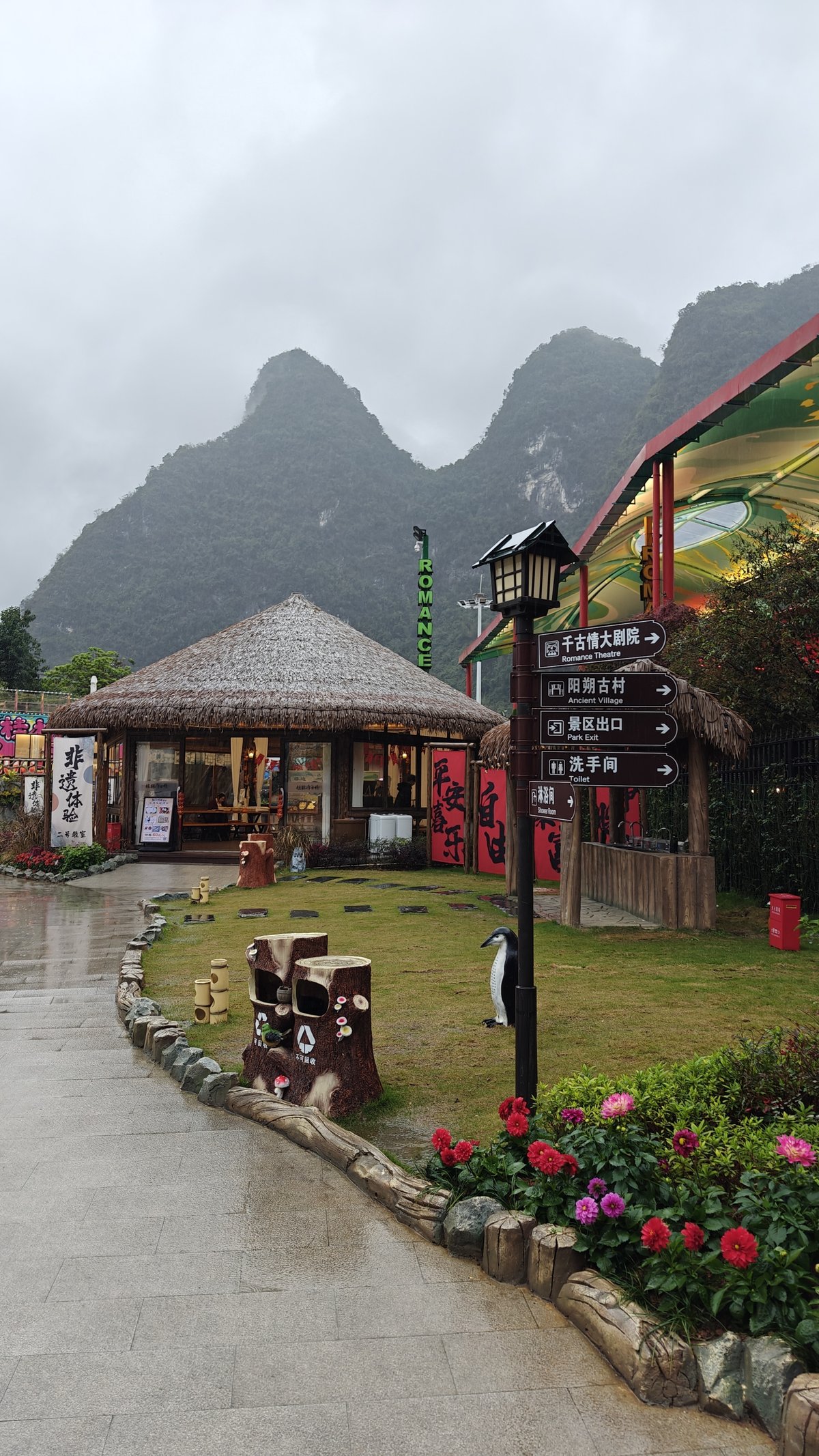 Direction signpost thatched buildings