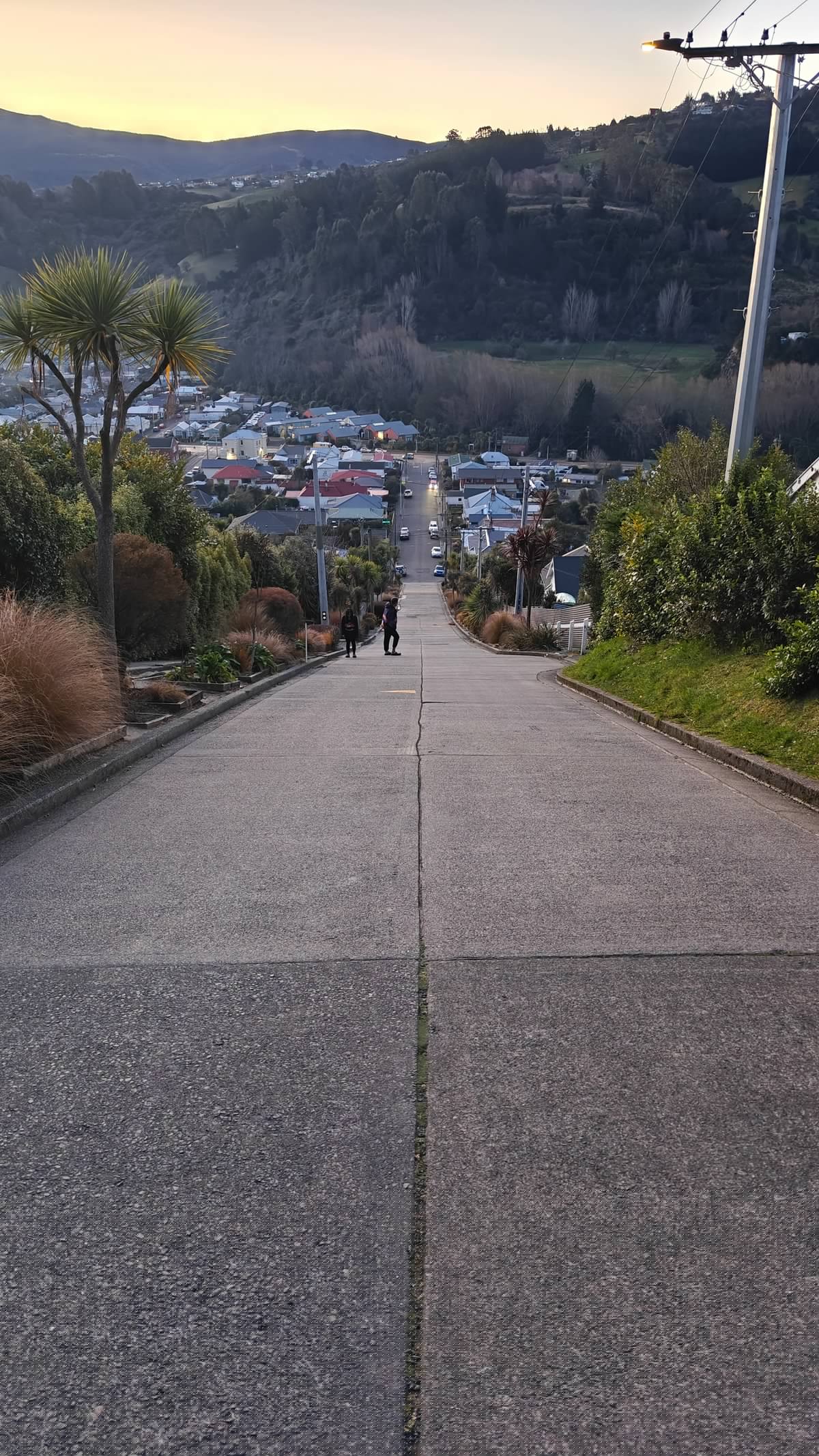 Dramatic view straight down the long, steep roadway