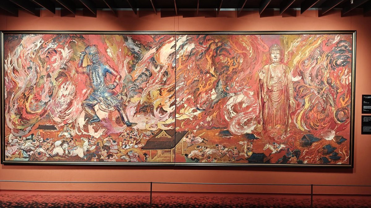 Dynamic historical mural with flames