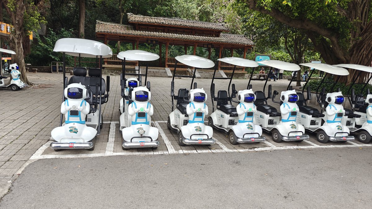 Electric golf cart rentals lined up with umbrellas