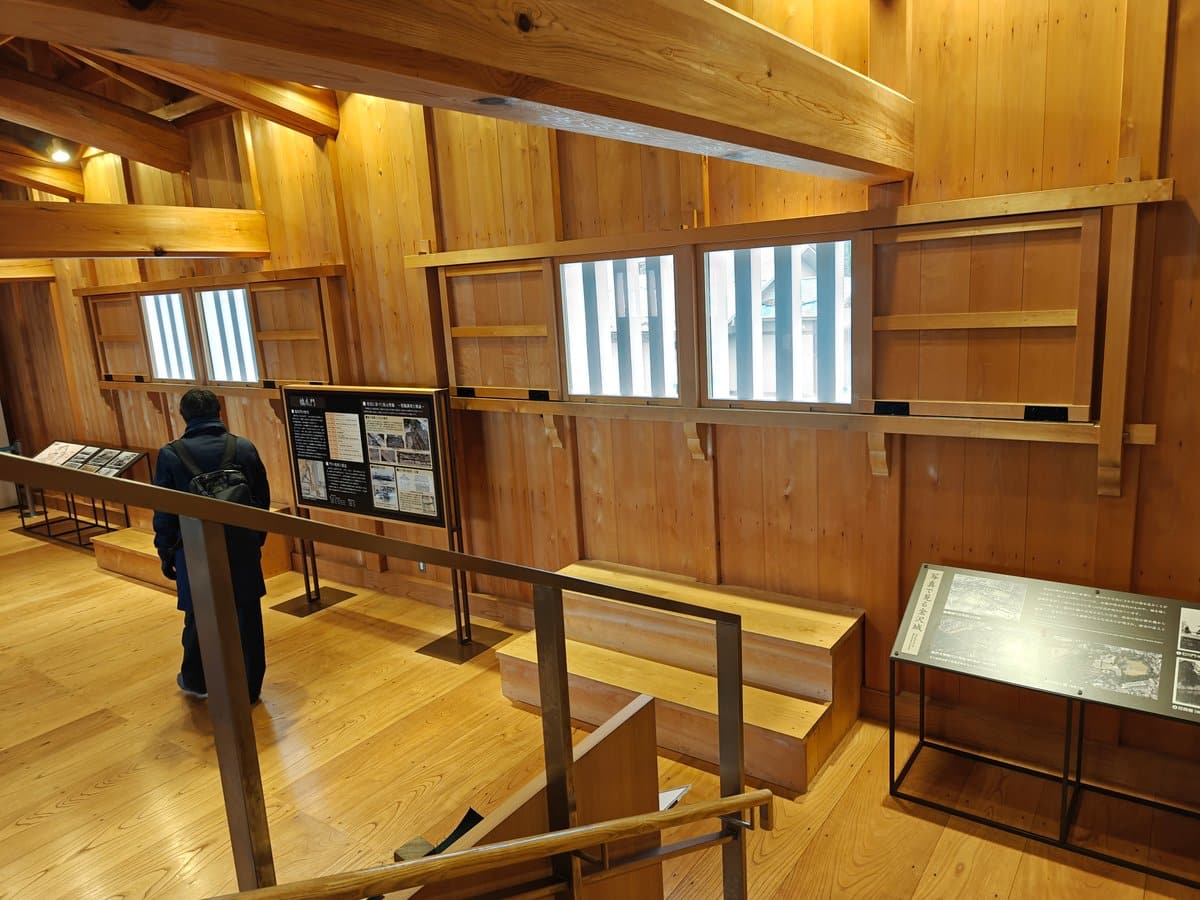 Elevated interior view over the warm wooden hall