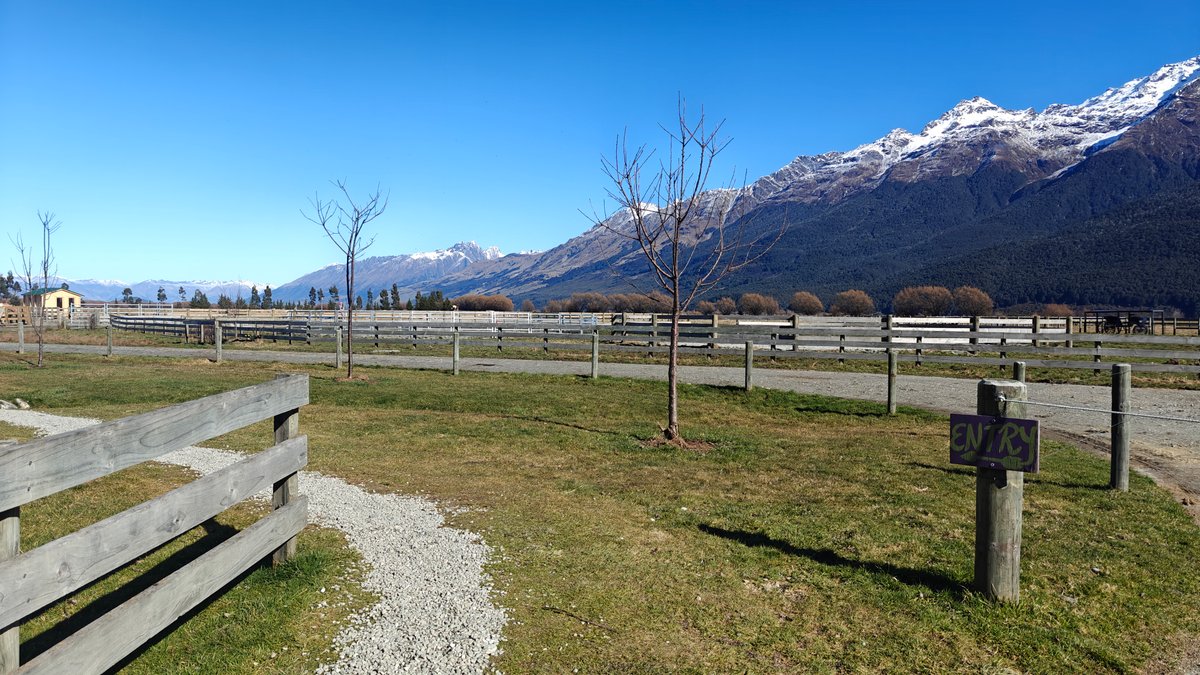 Farm grounds with grey post-and-rail paddock fences, a