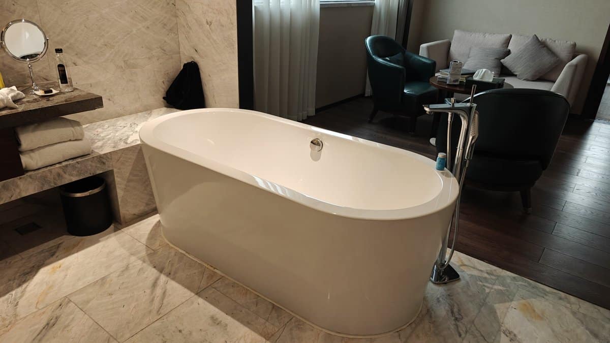 Freestanding bathtub open suite layout