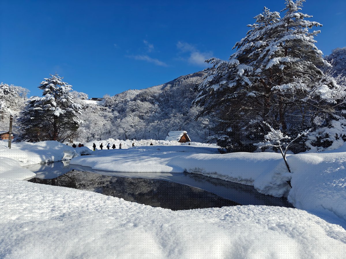 Frozen pond reflecting gassho house