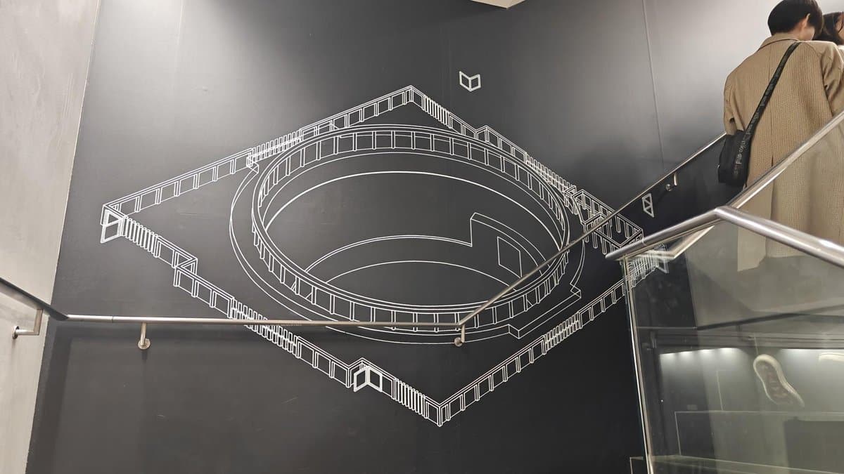 Geometric mural on staircase wall