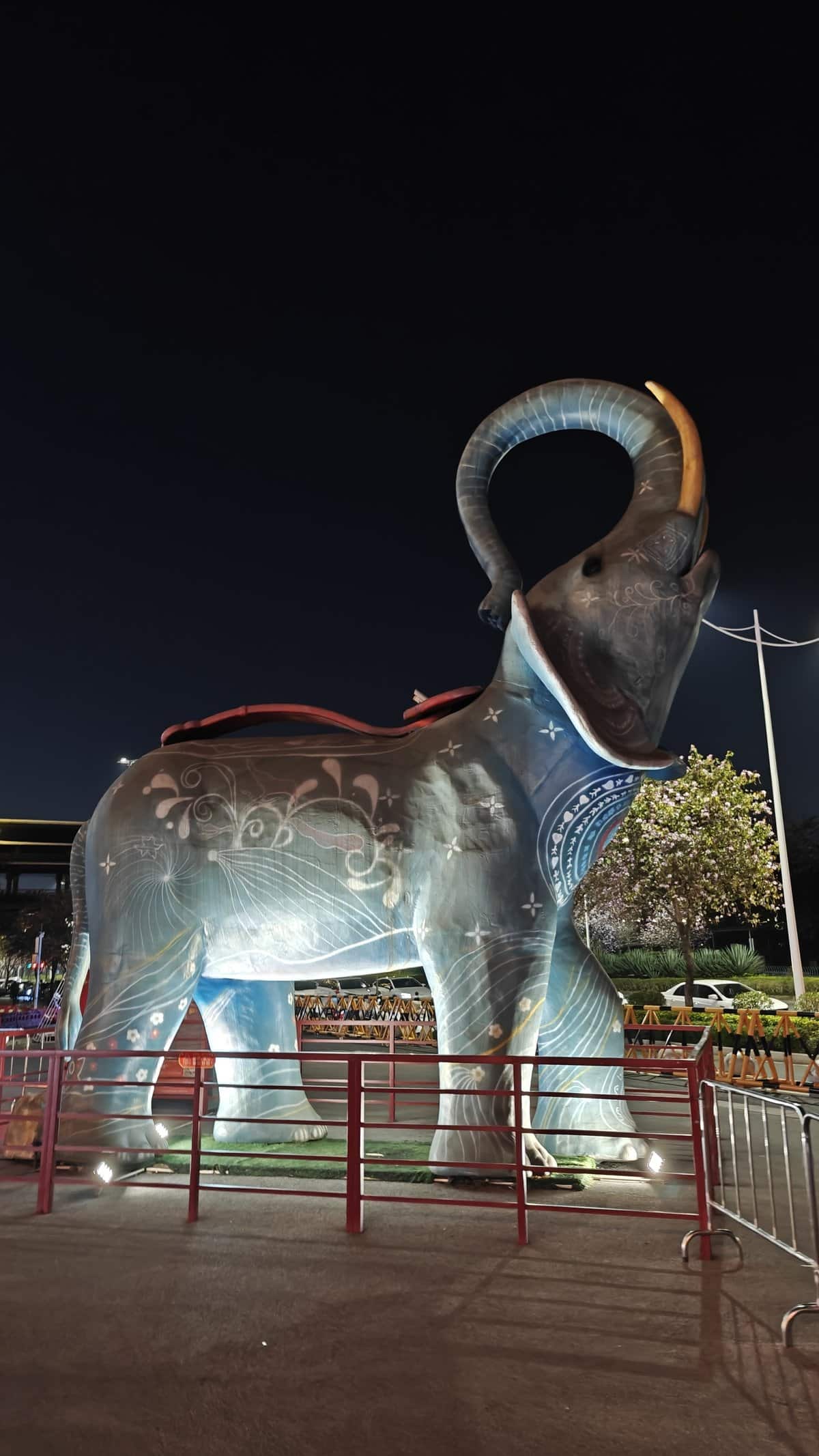 Giant illuminated elephant statue entrance