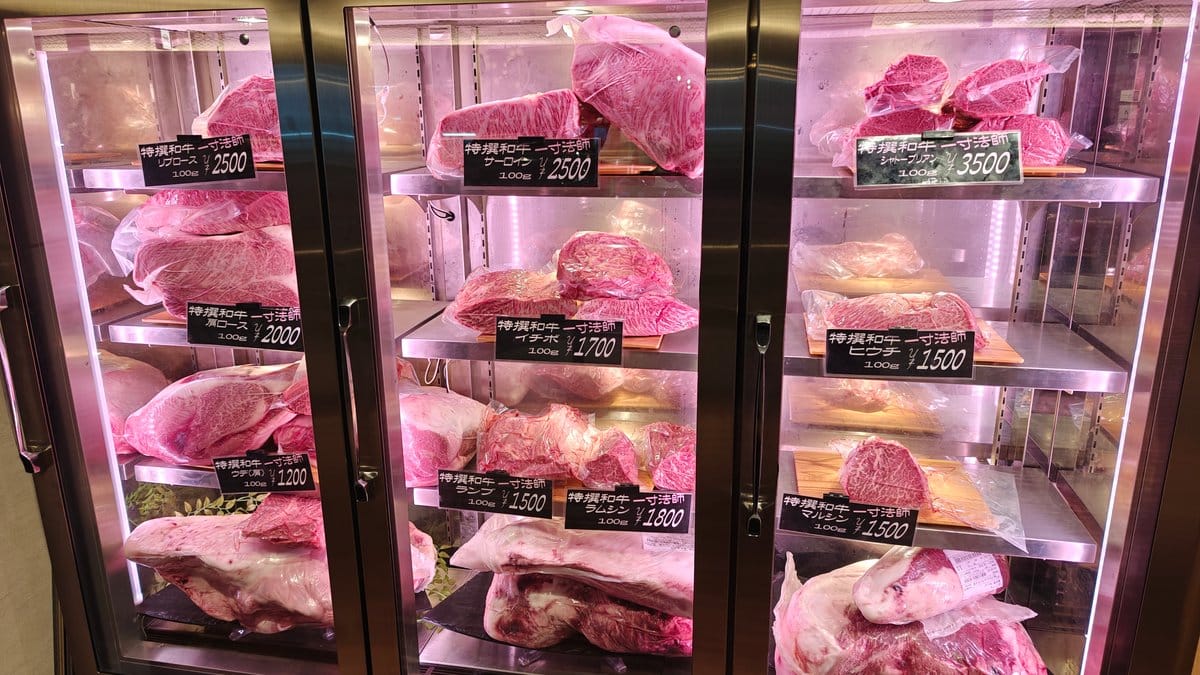 Glass case of marbled wagyu