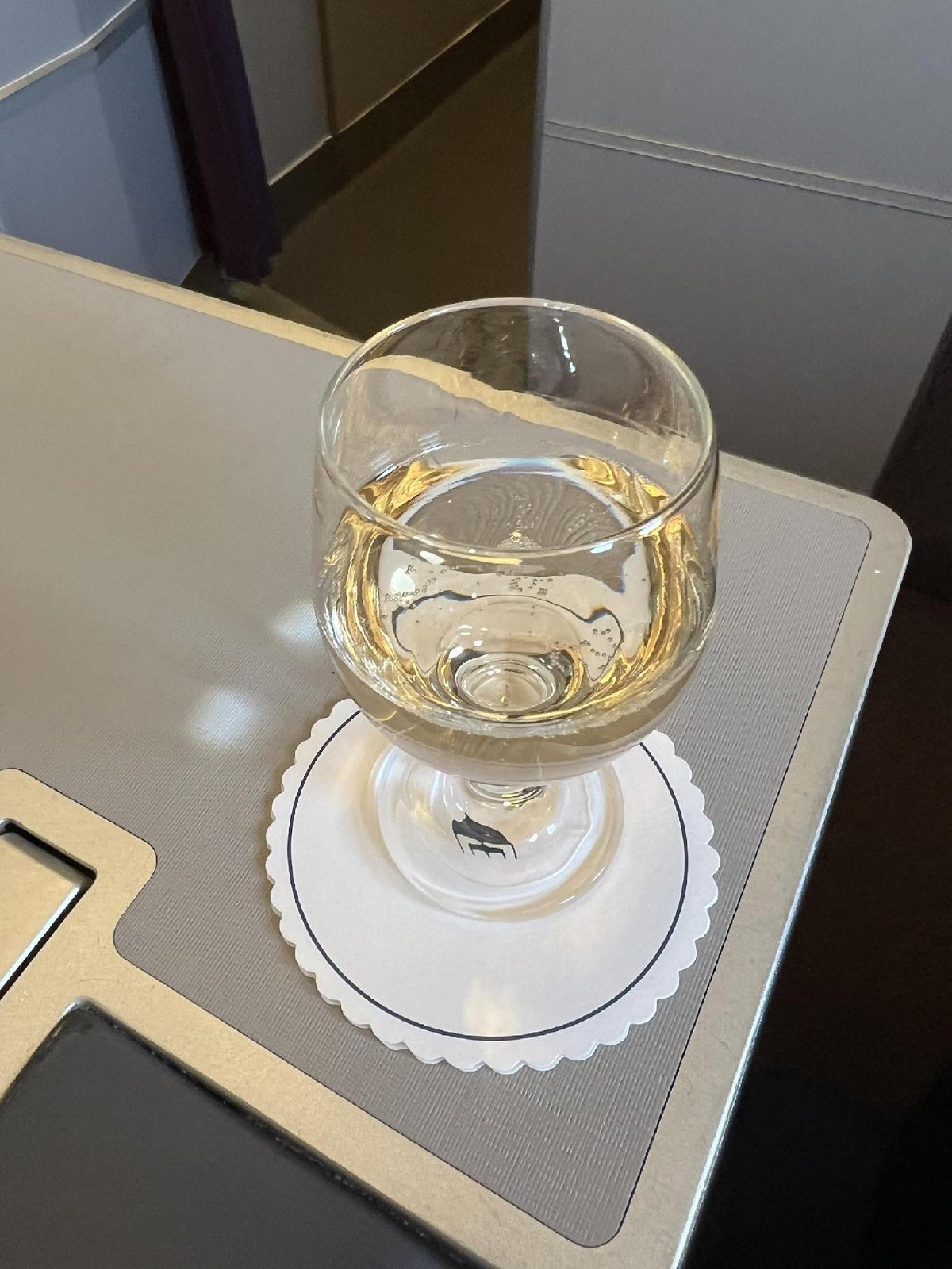 Glass of white wine on airplane tray
