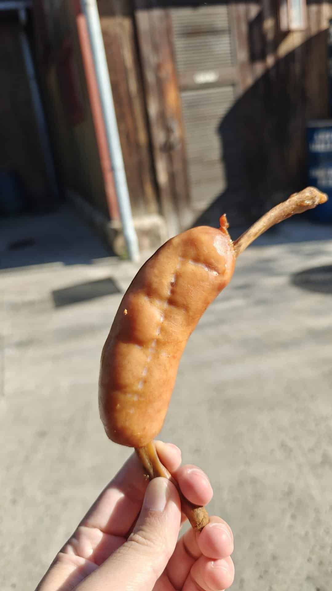 Hand holding grilled sausage outdoors
