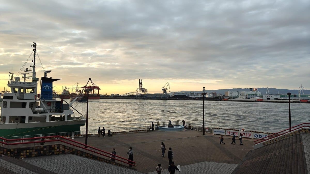 Harbor with ship and cranes at sunset