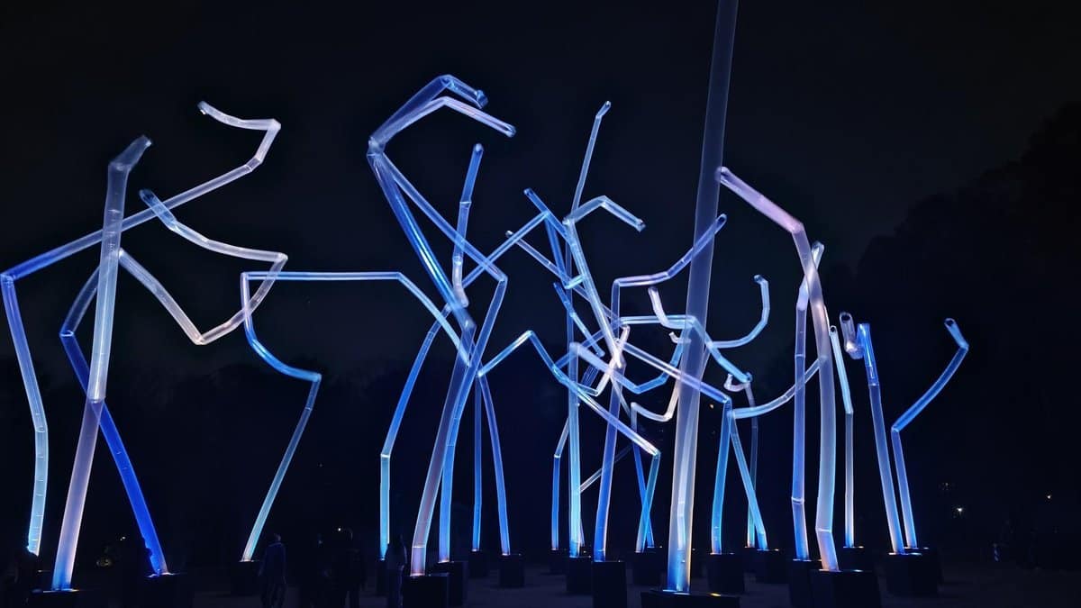 Illuminated abstract sculpture at night