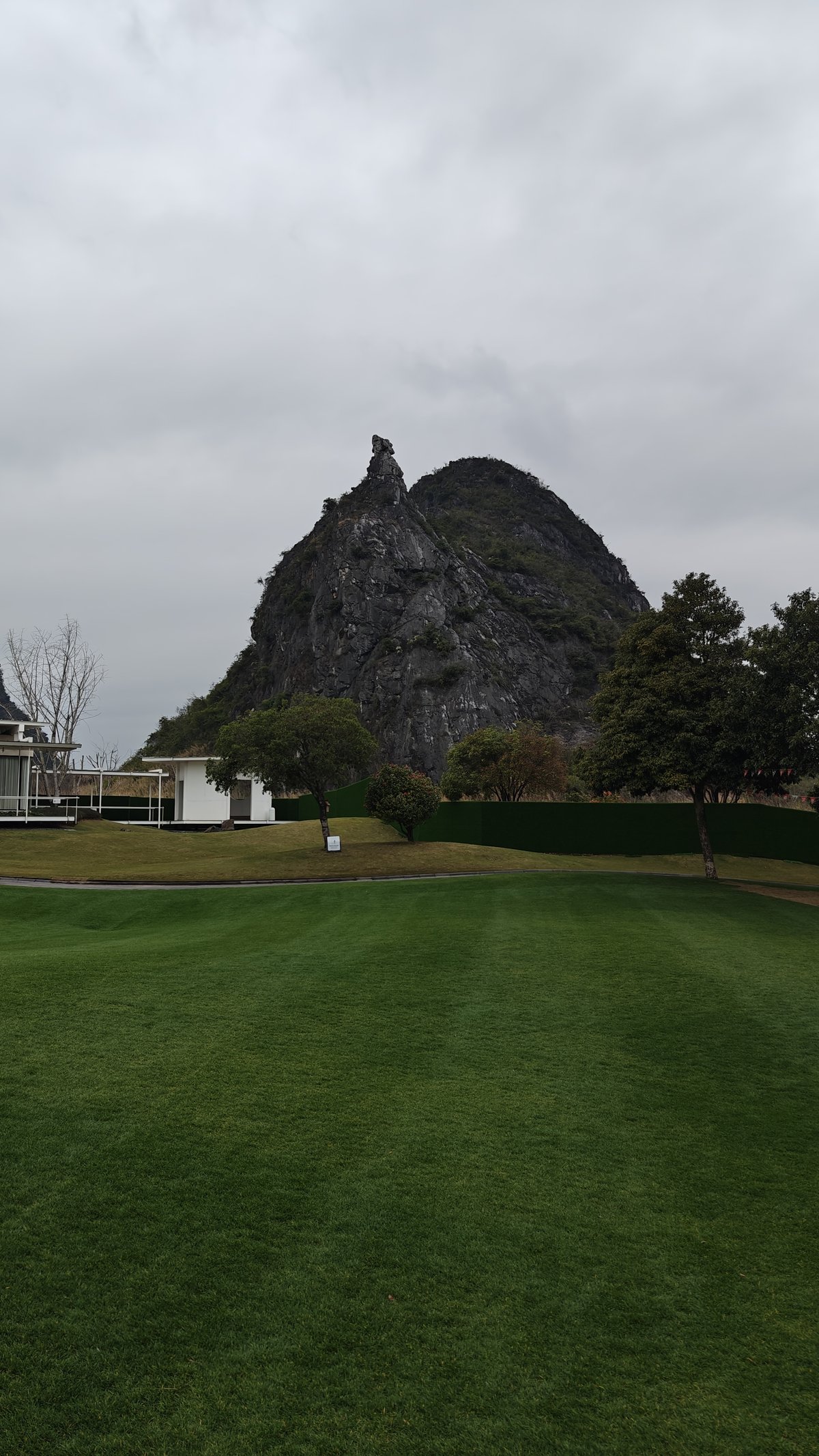 Imposing peak behind green lawn