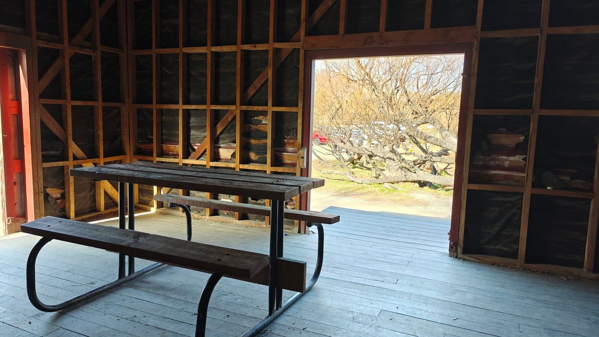 Inside the shed: a picnic table on the