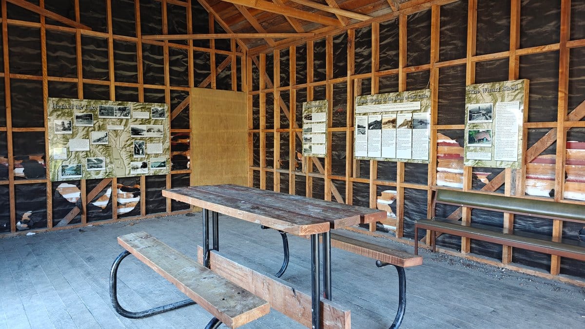 Interior of the shed with a picnic table