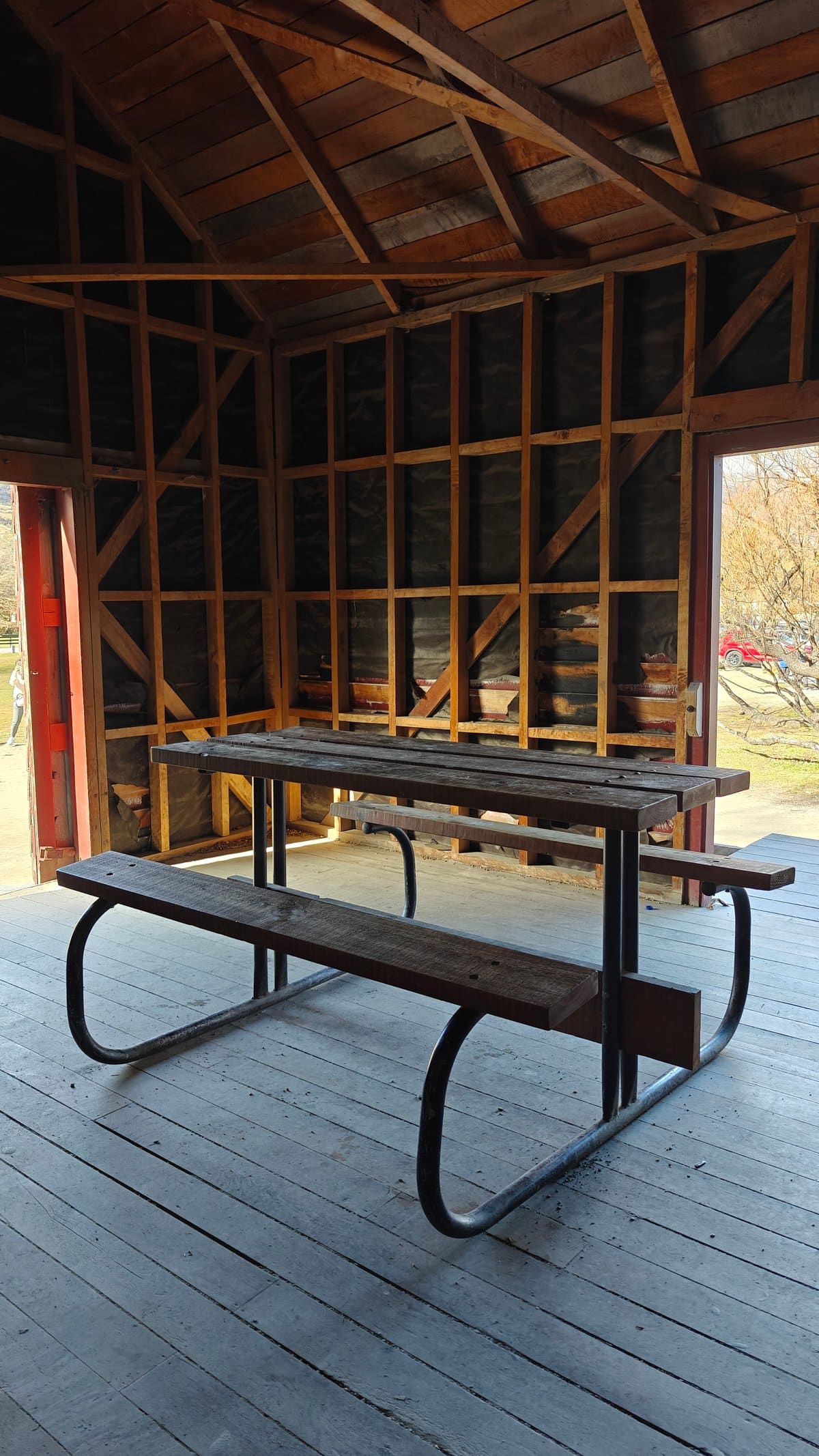 Interior of the wharf shed showing exposed timber